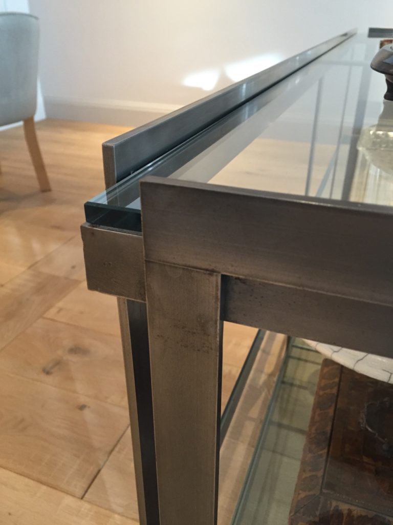 Custom steel and glass console table unit