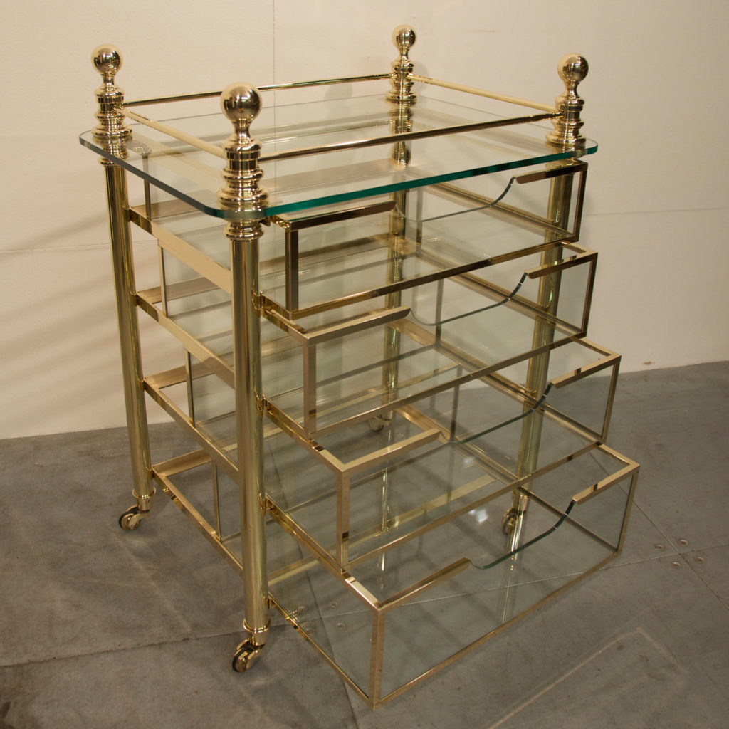 Solid polished brass and glass bathroom trolley drawer unit