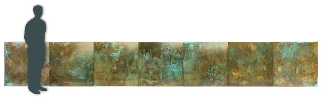 A silhouette of a person stands beside six patinated copper panels, each showcasing a textured blend of green, brown, and gold.