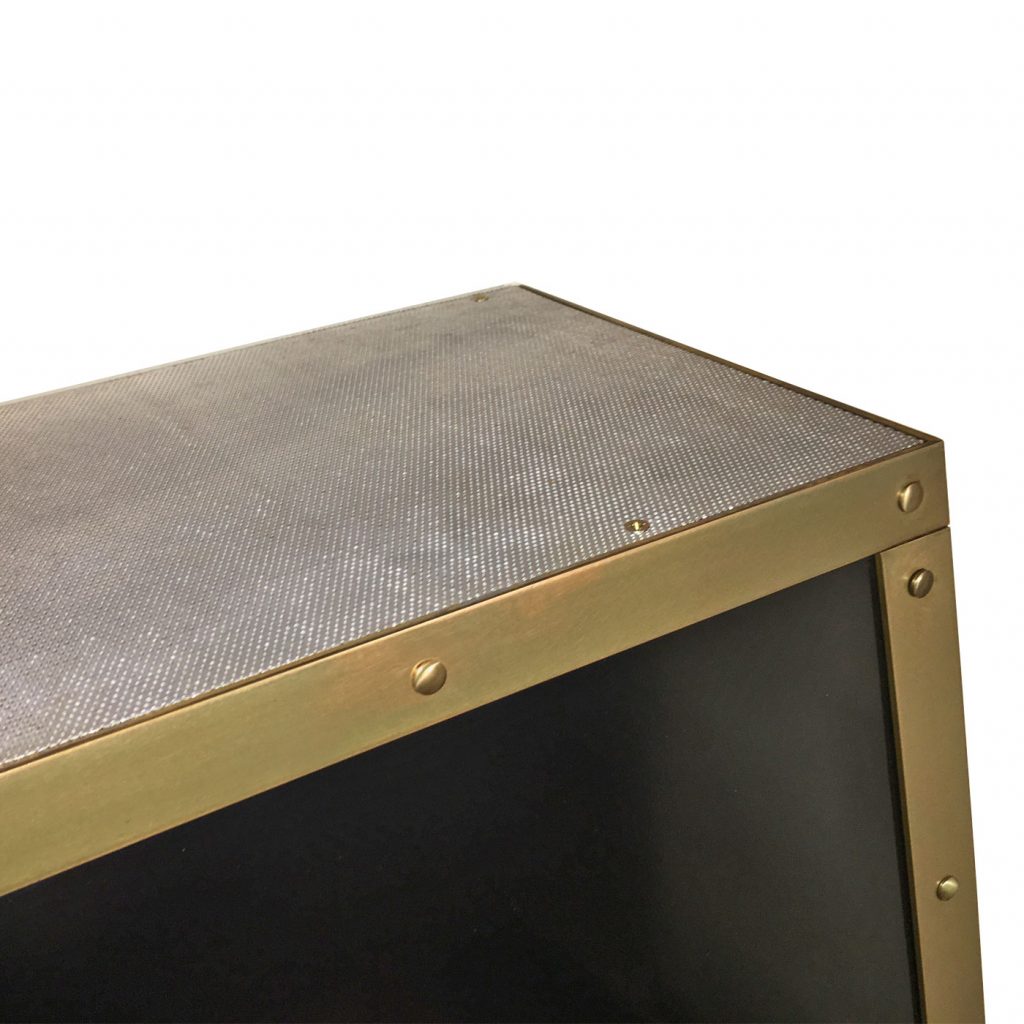 Blackened Steel Wall Mounted Extractor Hood with Brushed Brass Rivet Frame