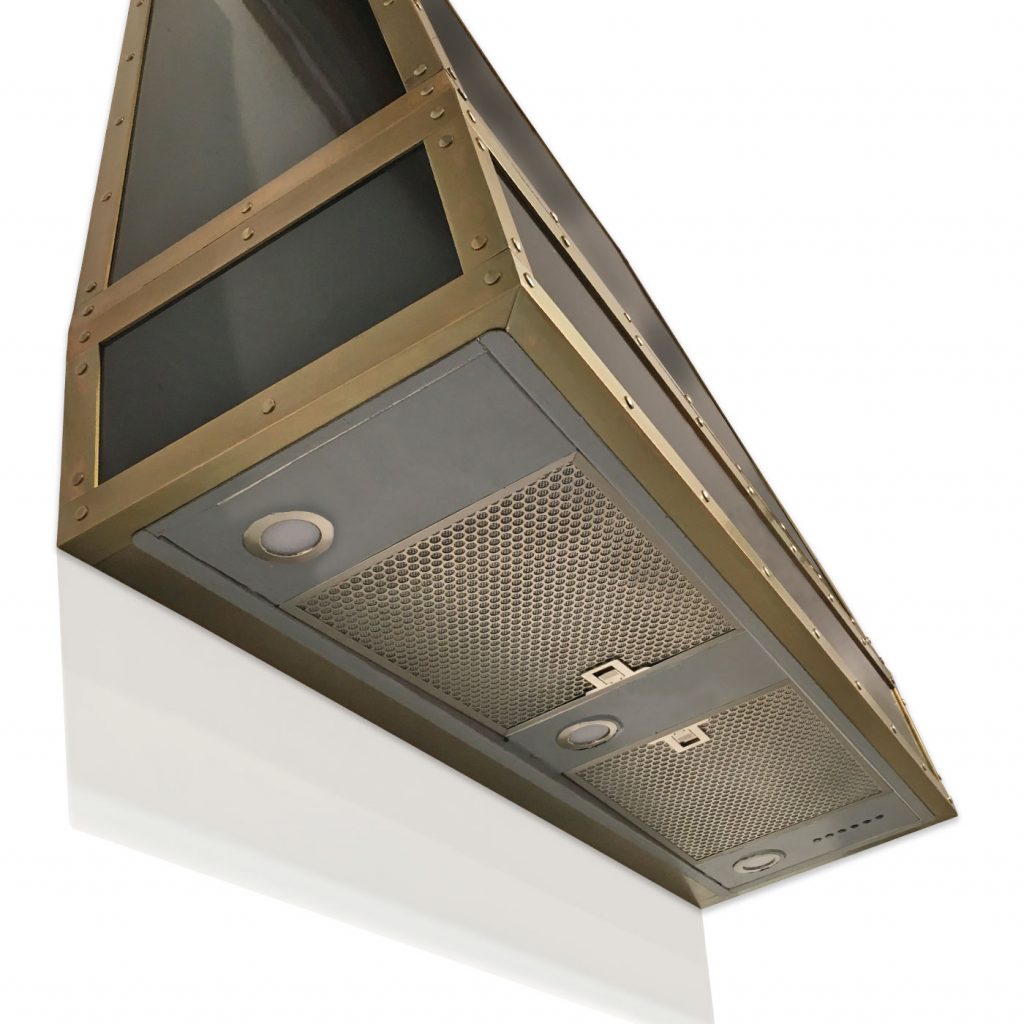 Designer Black Steel and Brass Edging Wall or Island Kitchen Cooker Hood