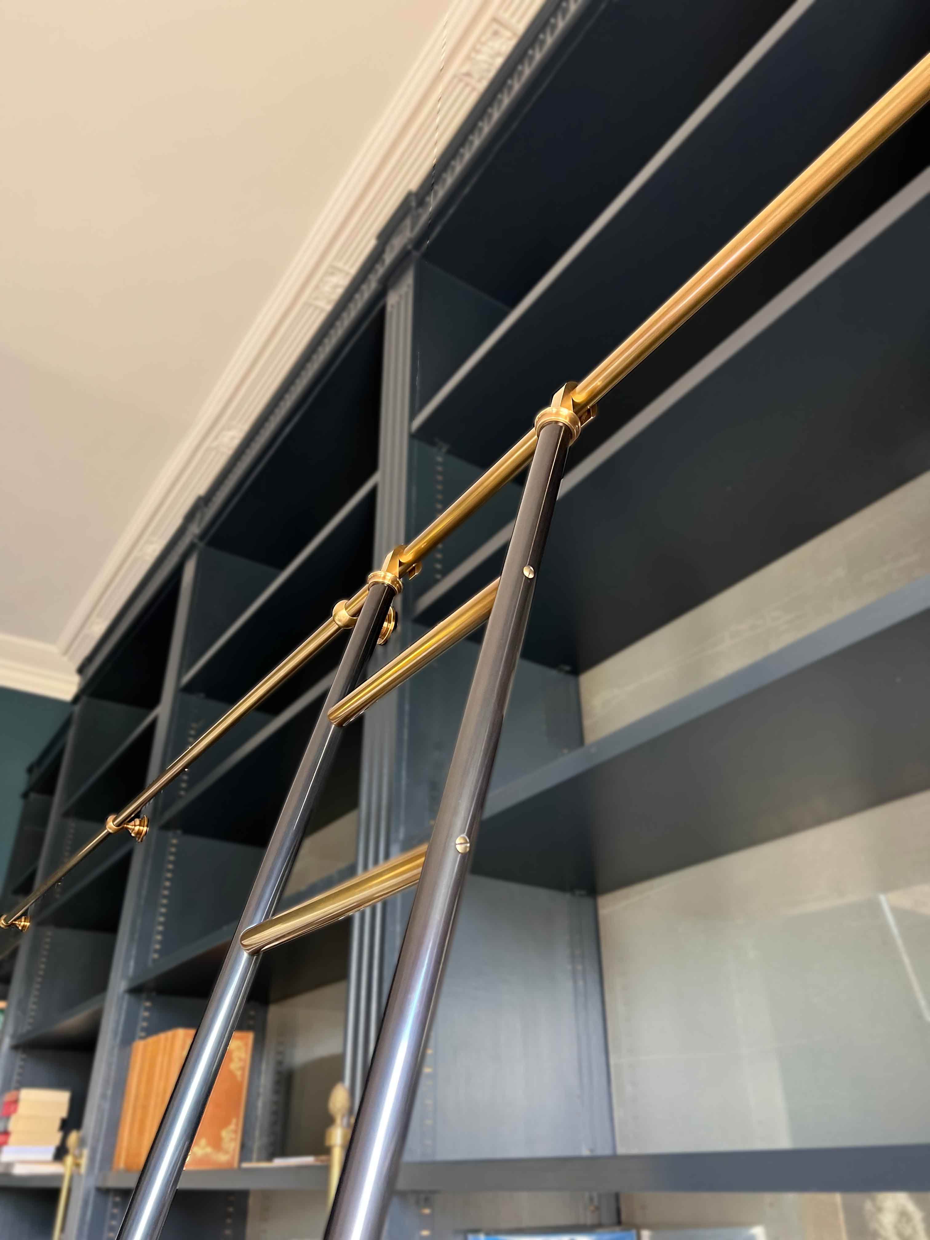 Bespoke Patinated Brass Bookcase Library Ladder And Rails Andrew Nebbett Designs