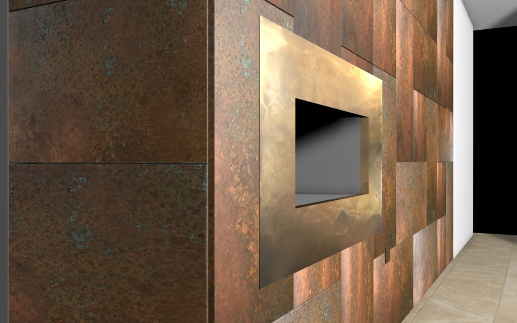 A close-up of a modern wall features large, textured metal panels in patinated copper. These decorative wall panelling elements are intersected by a rectangular, recessed fireplace, creating a sleek and contemporary appearance.