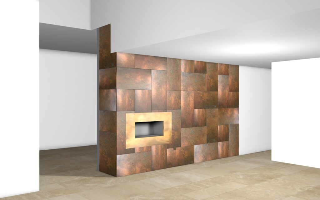 A modern interior features a patinated copper fire surround on a textured, copper wall with decorative paneling. The room boasts a small, square inset fireplace, complemented by a light tile floor and white walls beneath a recessed ceiling.