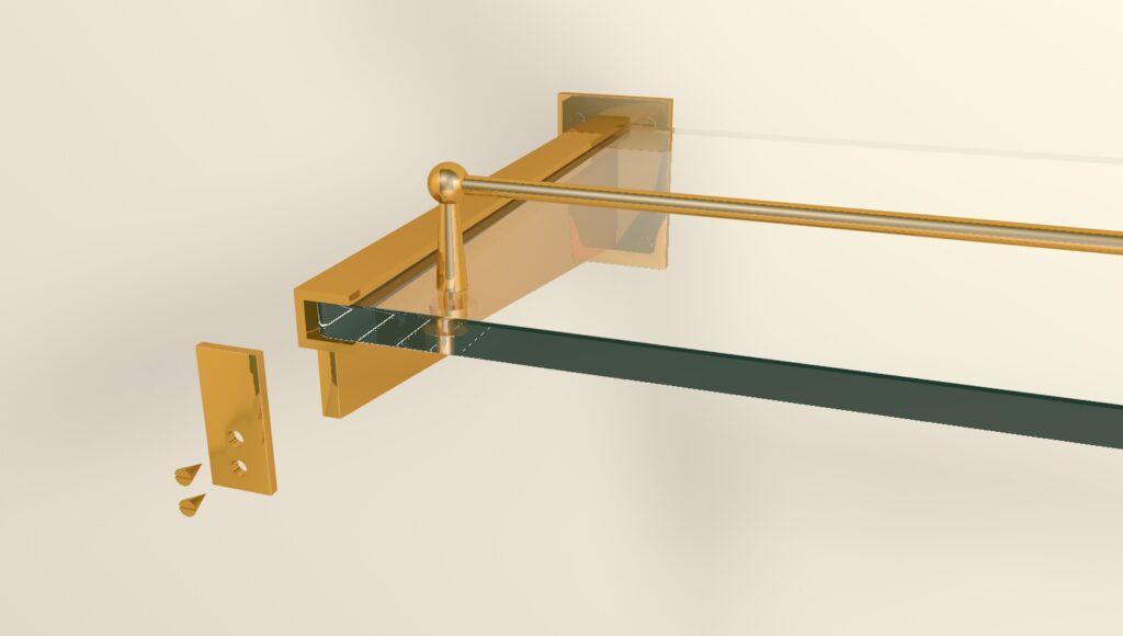 A 3D rendering of a gold-colored metal shelf bracket with a horizontal support rod, designed to hold a clear glass shelf. The bracket is shown detached with screws nearby, highlighting its assembly components against a neutral background.