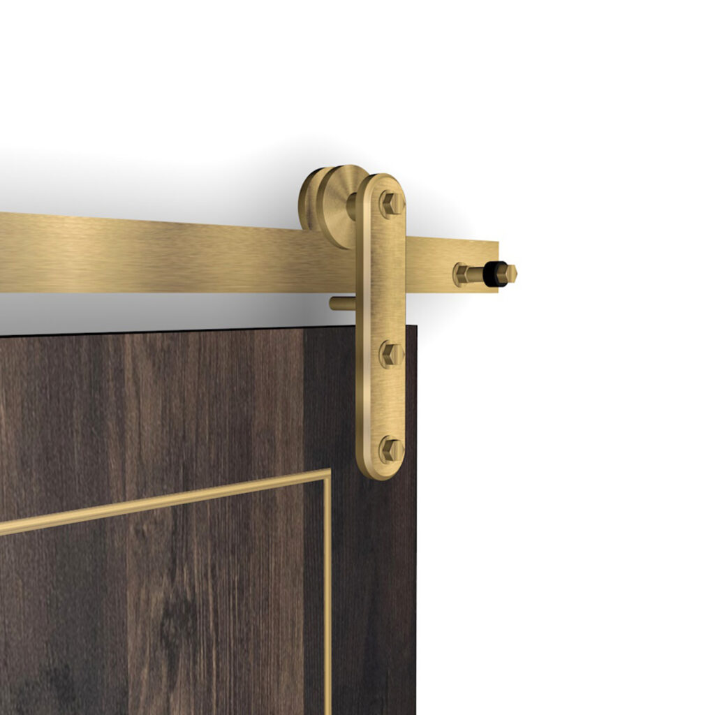 A detailed view of the Brass Door and Panel Rollers reveals a sliding barn door with a dark wooden panel and golden hardware. The focus is on the metallic track and brass rollers at the top, highlighting the door's elegant design.