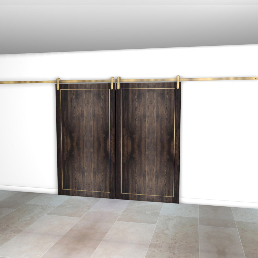 A pair of sliding barn doors with a dark wood finish and gold accents, mounted on a gold-colored metal rail featuring the Brass Door and Panel Rollers, enhances a room with beige tiled flooring and white walls.