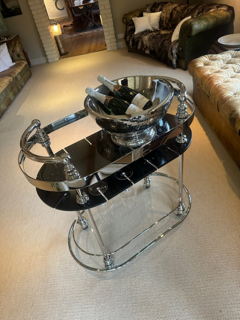 Bespoke nickel champagne trolley on wheels