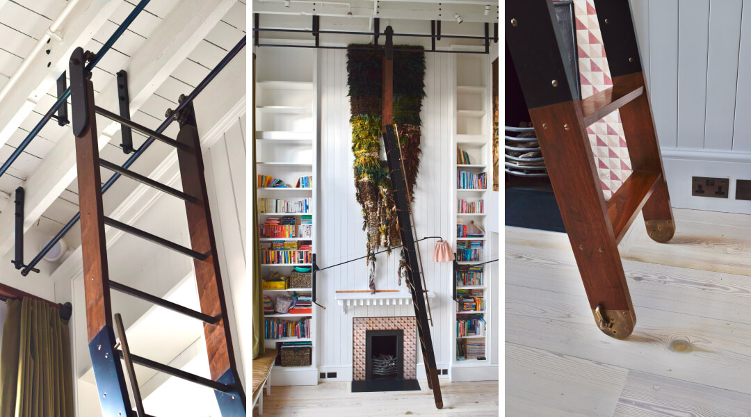 A stylish, walnut wooden ladder on a rail system is shown in three views: extending from a white ceiling, resting on light wooden flooring, and leaning against a tall bookshelf and fireplace. The setup includes a tapestry and colorful books.