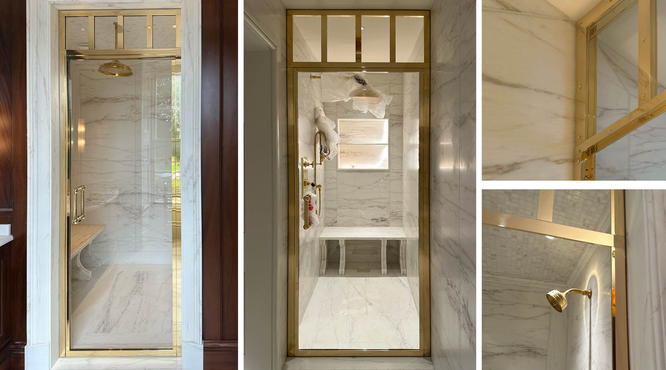 Luxurious marble steam shower with gold trim. The main image shows a bench and showerhead inside. Close-ups reveal brass details and a ceiling outlet. The interior is bright and elegant with a marble pattern.